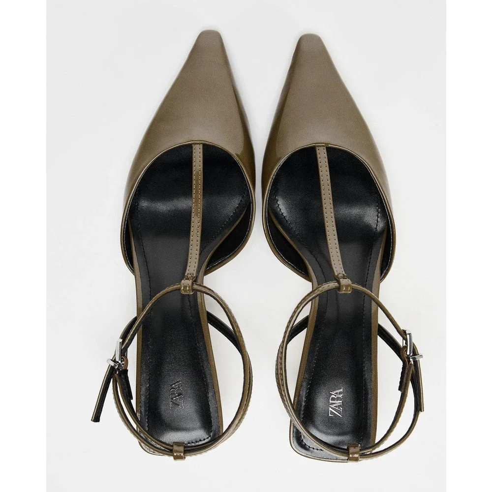 Zara Olive Green Pointed Toe T-Strap Slingback Heels NWT - Picture 15 of 16